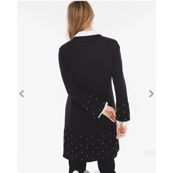 Chico's Pleated Faux-Pearl Accent Classy Long Open Cardigan Black Size 3P - Picture 3 of 10